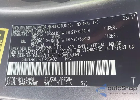 2017 Toyota Highlander Limited from USA, damaged, VIN 5TDYZRFH2HS226432